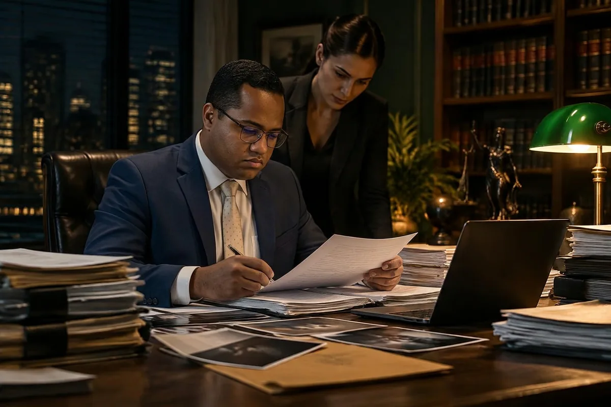 Equipe jurídica analisando documentos de um processo criminal complexo