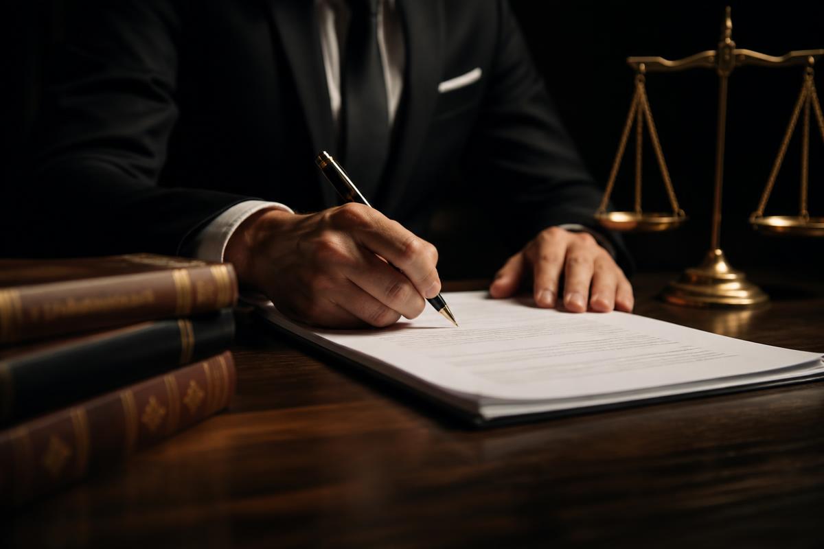 Advogado assinando petição cível ao lado de uma balança da justiça