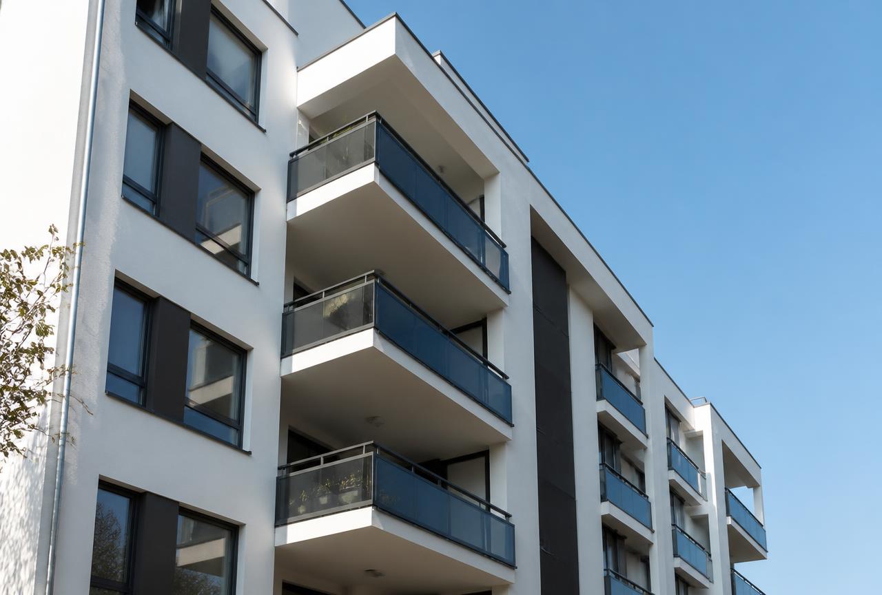 Síndico analisando prestação de contas com edifício residencial ao fundo