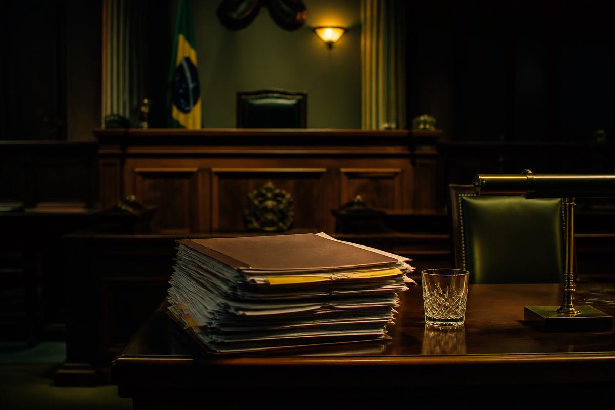 Sala de audiência criminal com processos sobre a mesa da defesa