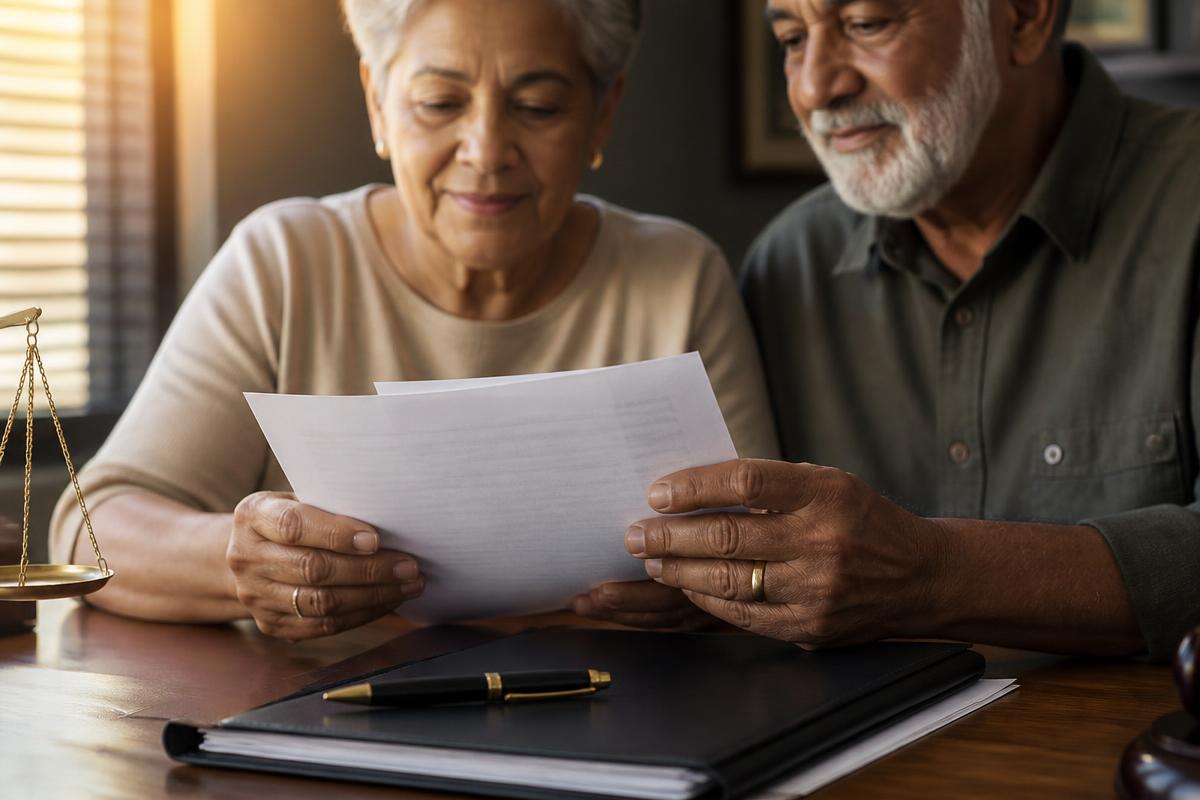 Casal de idosos analisando documentos de benefício previdenciário
